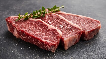 Fototapeta premium Dry aged porterhouse steak sliced to show thick fillet garnished with herbs salt served gourmet style