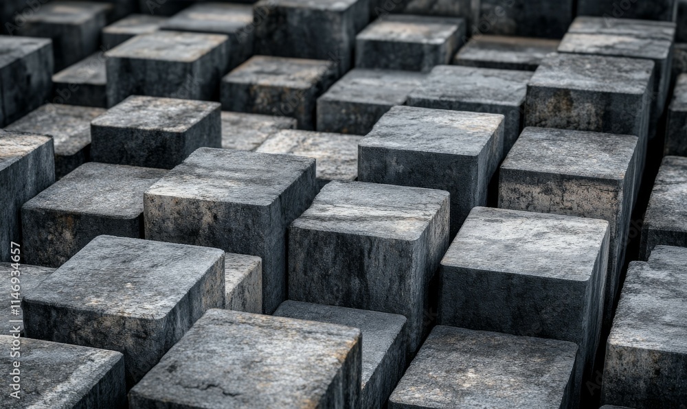 Poster rectangular, 3d mosaic tiles arranged in the shape of a wall. semigloss, futuristic, blocks stacked 