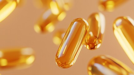 edible retinol supplements golden gel capsules floating, brown background.