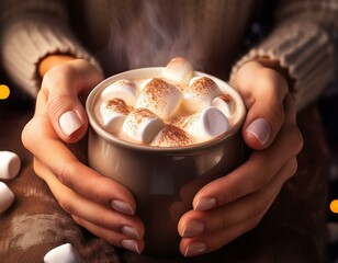 Generated image A rustic cabin scene with hot chocolate mugs on a wooden table  hands holding a steaming mug of hot chocolate with marshmallows