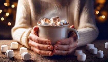 Generated image A rustic cabin scene with hot chocolate mugs on a wooden table  hands holding a steaming mug of hot chocolate with marshmallows