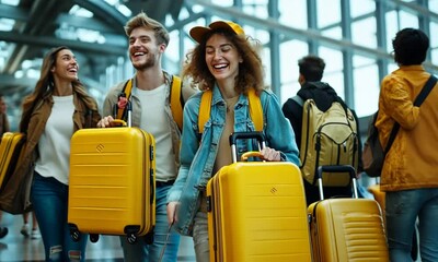 A group of cheerful travelers with yellow suitcases at an airport, ready for an adventure.