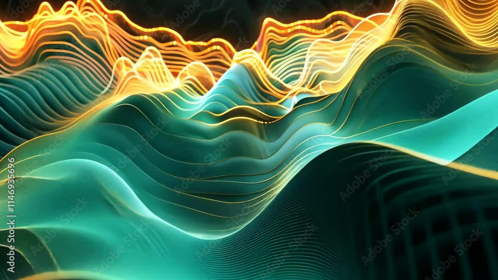 Poster vibrant wave patterns flow through a dark digital landscape, showcasing intricate lines and glowing 