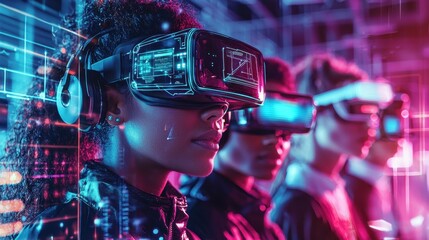Obraz premium Diverse Team Utilizing Advanced Technology in a Modern Workplace with Virtual Reality Experience