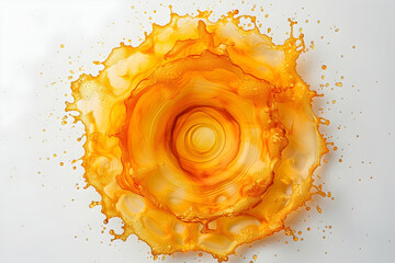 A vibrant splash of orange liquid, resembling a flower, on a white background.