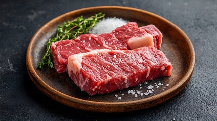 Fototapeta premium Juicy T bone porterhouse steak dry aged sliced centerpiece with herbs coarse salt rustic plate