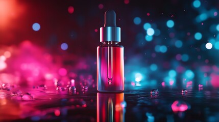 Vibrant dropper bottle on a colorful illuminated background.