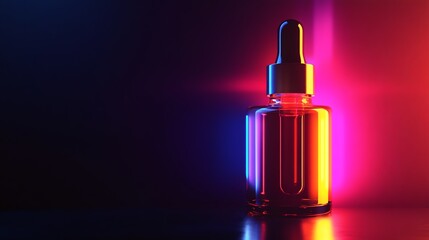 Vibrant dropper bottle illuminated with colorful lighting.