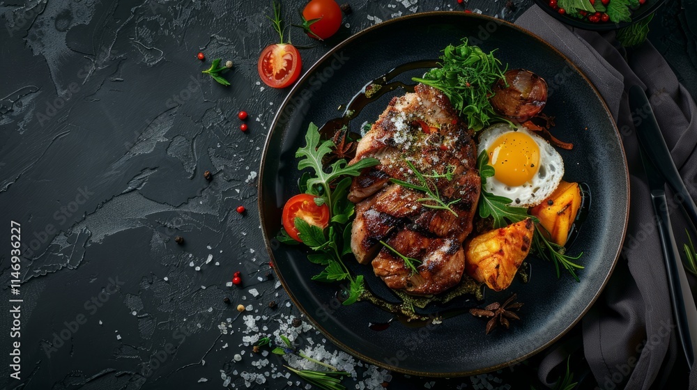 Poster a plate of meat and vegetables with a black background. the plate is set on a table with a knife and