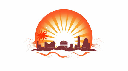 A stylized sunset over a city skyline with waves and rays, evoking warmth and tranquility.