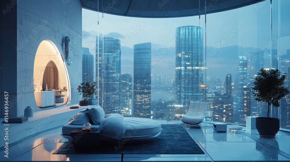Poster futuristic business environment with seamless design and digitally enhanced spaces in urban landscap