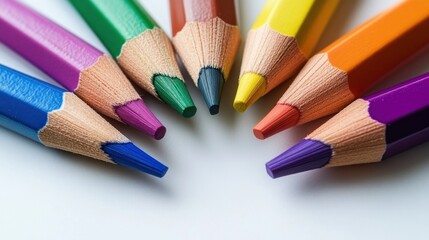 Fototapeta premium Close-up of sharpened colored pencils arranged in a semi-circle on a white background.