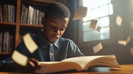 Dyslexia. A student sits at a desk with an open book, where some letters appear to float or swim off the page. The letters should be slightly blurred or warped, with some appearing to drift upward.