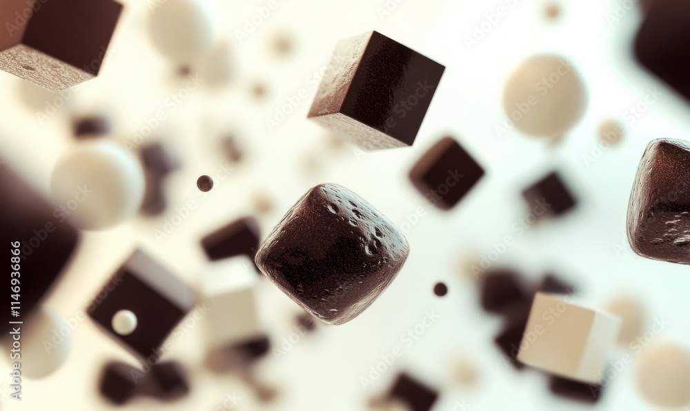 Poster floating spheres and cubes arranged in an abstract formation, reflecting chocolate and mocha mousse 