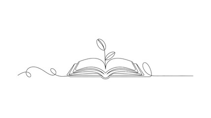 Continuous Line Drawing of Open Book with Growing Plant | Knowledge and Growth Concept Vector