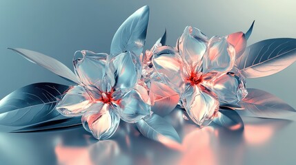 A delicate futuristic bouquet of flowers with a crystalline structure, glowing gently against a platinum background.