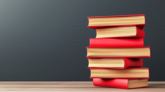 Tax submit finance records concept. A stack of red-covered books sits on a wooden surface against a dark background, highlighting their vibrant color and inviting readers.
