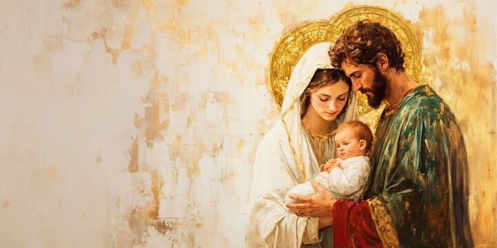 Holy family with golden halos painting with copy space. Virgin Mary and Saint Joseph holding baby Jesus Christ. For Christian banner ,card