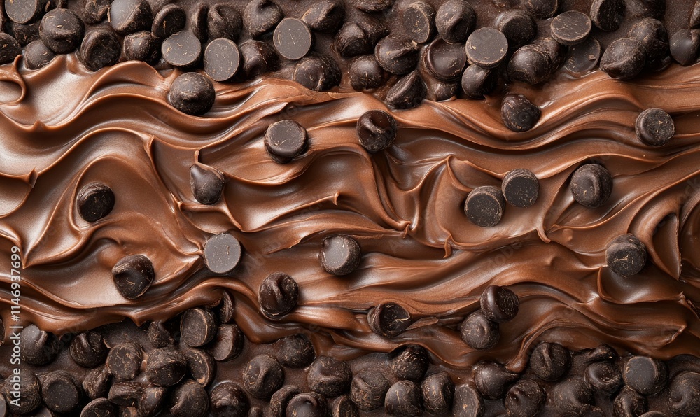 Poster fluid chocolate shapes and cocoa patterns come alive with layers of chocolate chips in a rich mocha 