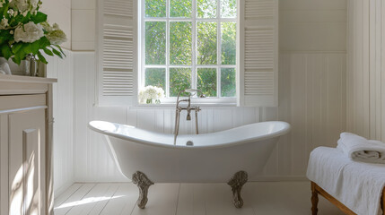 Obraz premium bathtub on graceful legs against the background of a white stylish vintage bathroom, interior design