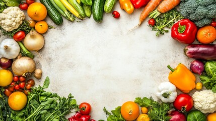 A vibrant assortment of fresh vegetables and fruits forming a circular border on a rustic surface, perfect for healthy eating concepts.