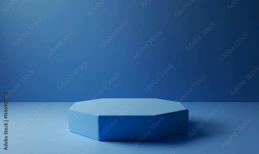 Poster minimalist background with embossed 3d shape. blue gradient surface with extruded hexagon.