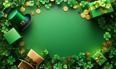 Saint Patrick Day background with green decoration from shamrocks, leprechaun hat, golden coins and gifts top view.