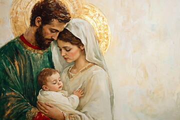 Holy family with golden halos painting with copy space. Virgin Mary and Saint Joseph holding baby Jesus Christ. For banner, card, Christian religious print © Milan