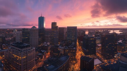 Obraz premium A panoramic cityscape at sunset, showcasing urban buildings and vibrant sky hues.