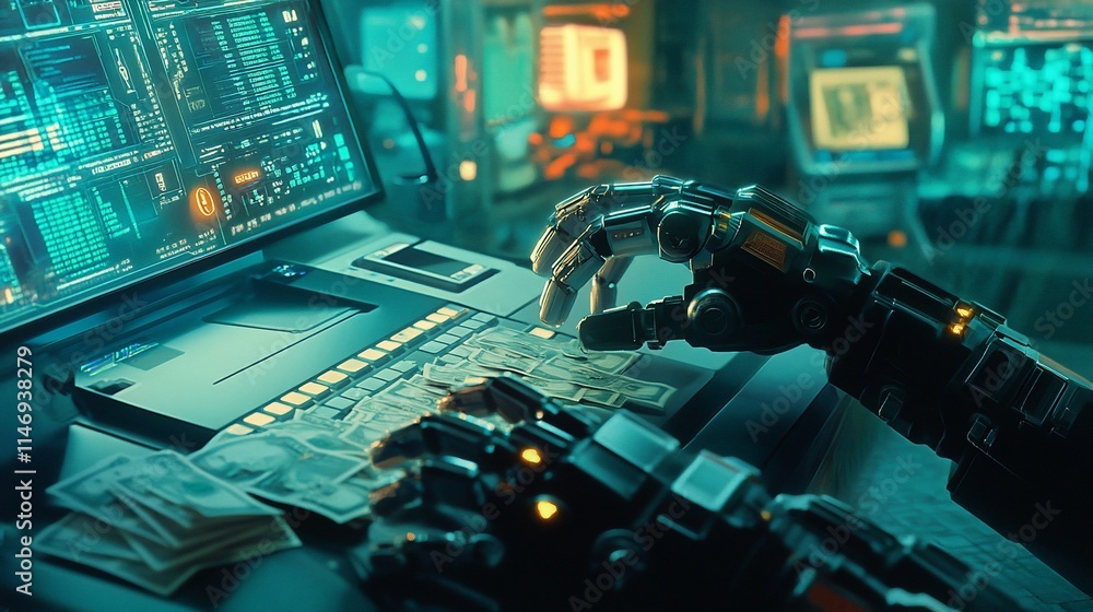 Poster robotic hands interacting with a computer amidst digital data and cash.