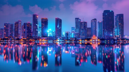 Fototapeta premium Miami Skyline Night Reflection: A Vibrant Cityscape