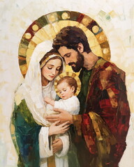 Virgin Mary and Saint Joseph holding baby Jesus Christ. Oil painting of Holy family with golden halos in gold, red and green © Milan