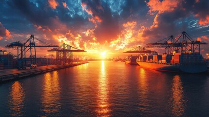 Fototapeta premium Dramatic sunset over a bustling industrial port with cranes and cargo ships.