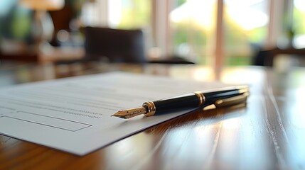 Contract signing: A fountain pen rests on a document, ready for a signature. The blurred background suggests a professional setting, perhaps an office or study.