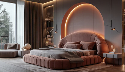 Modern bedroom design, pink and grey color scheme, round bed with soft fabric headboard, wall behind the bed is an arched window, accent lighting above the bedside tables for a warm glow.