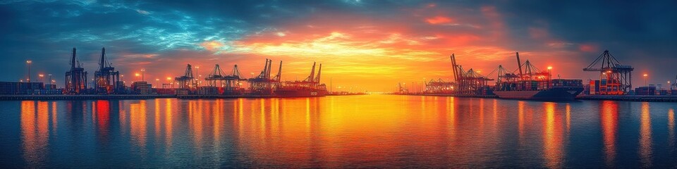 Obraz premium Vibrant sunset over a bustling industrial harbor with container ships.