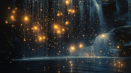 Fototapeta premium Enchanting waterfall illuminated by sparkling lights at night.
