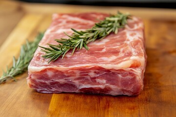 Fototapeta premium Fresh pork belly with rosemary sprigs on a wooden cutting board in a rustic kitchen