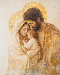 Virgin Mary and Saint Joseph holding baby Jesus Christ. Oil painting of Holy family in impasto style © Milan