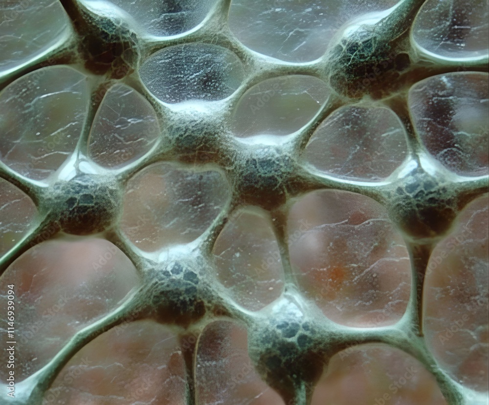 Poster A close-up of an organic and translucent structure reminiscent of a biological or cellular network. Interconnected, membrane-like structures create a network of irregular shapes with subtle textures a