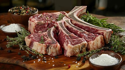Gourmet barbecue porterhouse steak sliced and arranged with fillet centerpiece garnished with herbs salt rustic table