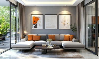 Modern living room interior and three picture frames hanged vertically on a wall one above each other.