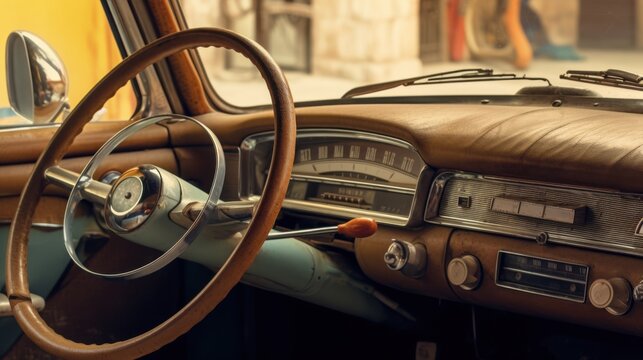 Vintage car interior with a classic steering wheel and dashboard.