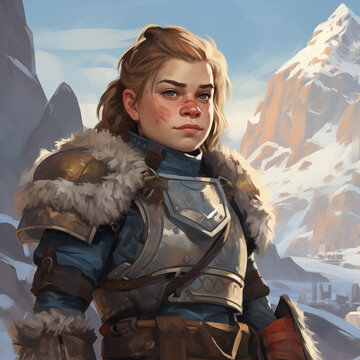 Portrait of a red-haired female dwarf on a mountain from a fantasy world.