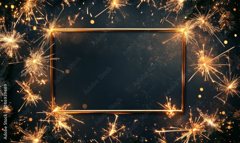 Poster holiday background with rectangle frame on black. gold sparkler firework shape with copy space.