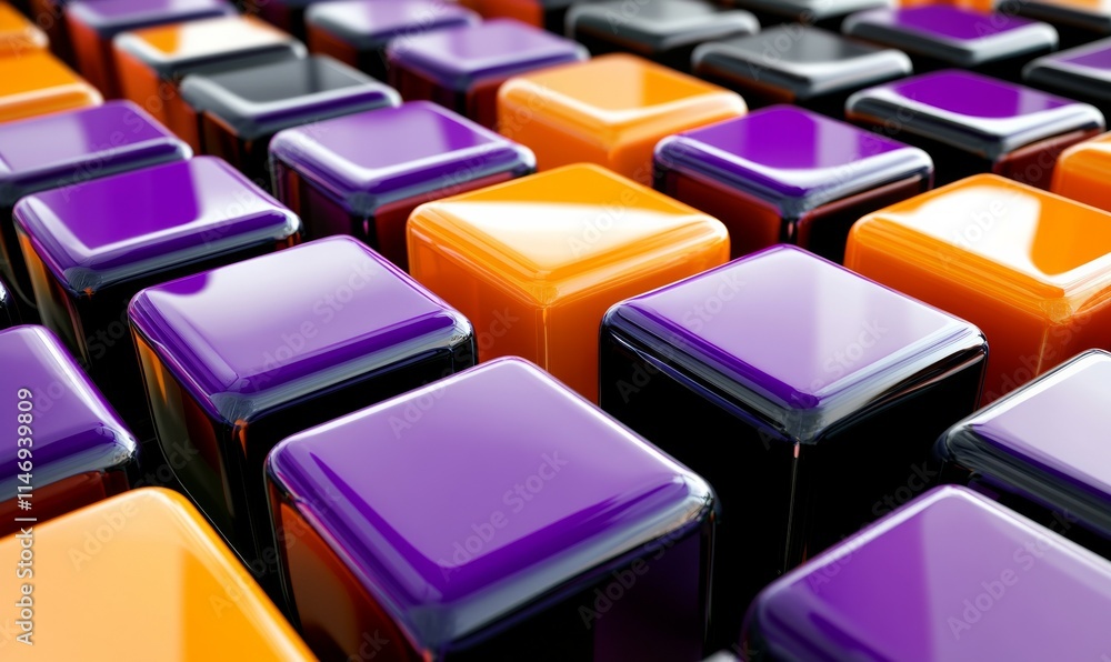 Poster modern tech background with precisely arranged glossy cubes. violet and orange,