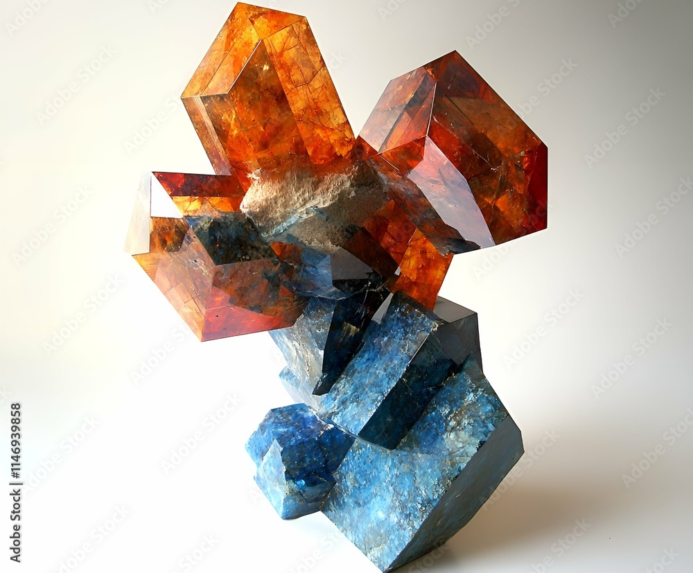 Poster a striking abstract sculpture featuring geometric crystal forms in vibrant hues of fiery orange and 