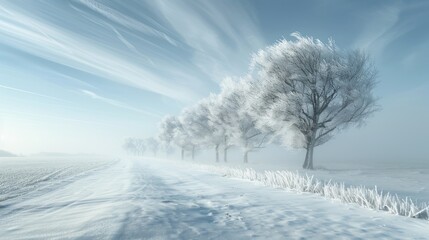Obraz premium Winter Wonderland: Frosty Trees Line a Snowy Path