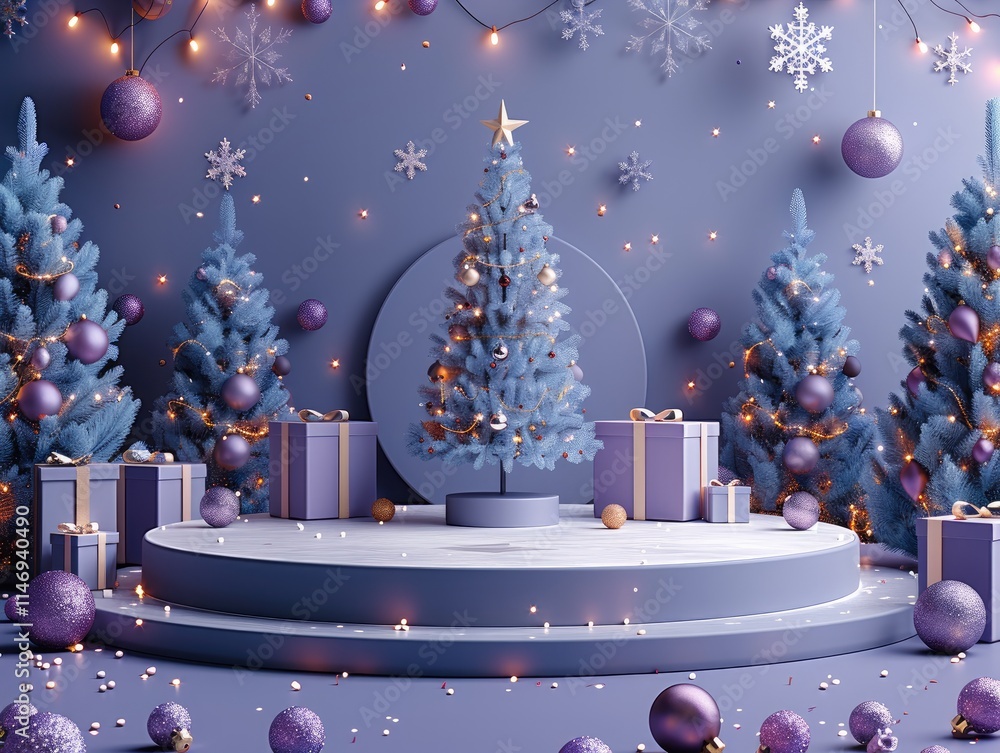Poster Purple and blue background with snowflakes falling from the sky. In the centre is an empty circular podium, surrounded by Christmas trees, gift boxes, glowing garlands and other Christmas elements.