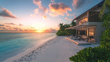 Obraz premium Serene beachside villa at sunset, showcasing luxury and tranquility.
